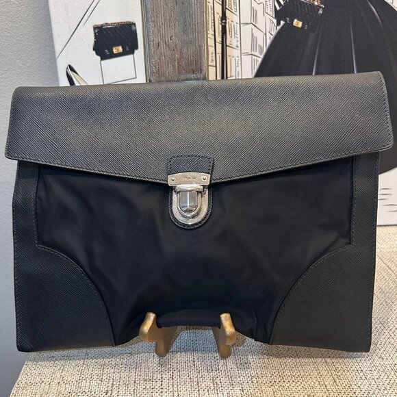 Prada Handbags - Prada Push Lock Portfolio Pouch in Saffiano Leather & Tessuto Nylon